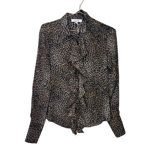NEW Frame Leopard Print Ruffle Front Silk Blouse Size XS - Picture 3 of 7